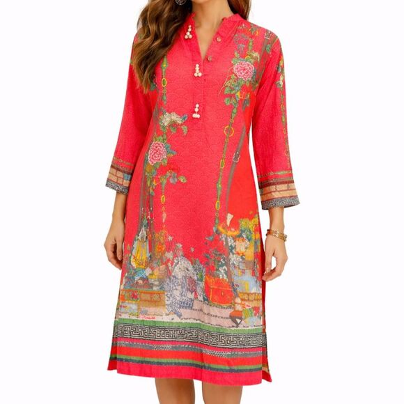 Khaadi Dresses & Skirts - Khaadi Red Printed Cotton Tunic Dress Pearl Button Detail Size 10